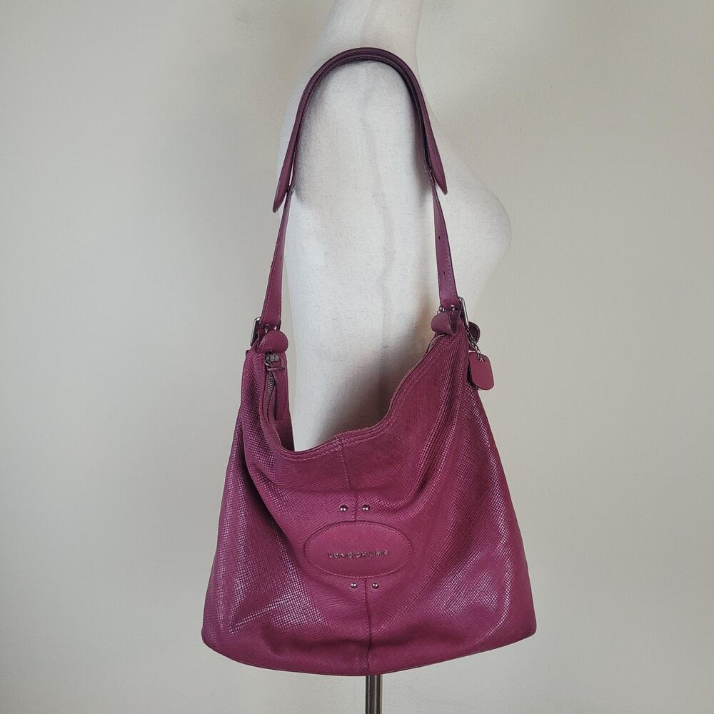 Longchamp Hobo Bag Large Pink Raspberry Embossed Leather Shoulder Zip Purse